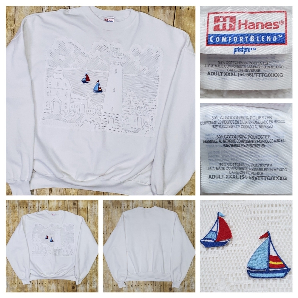 Vintage White Nautical Sweatshirt Womens 3XL Cottagecore Grannycore Handmand 90s
